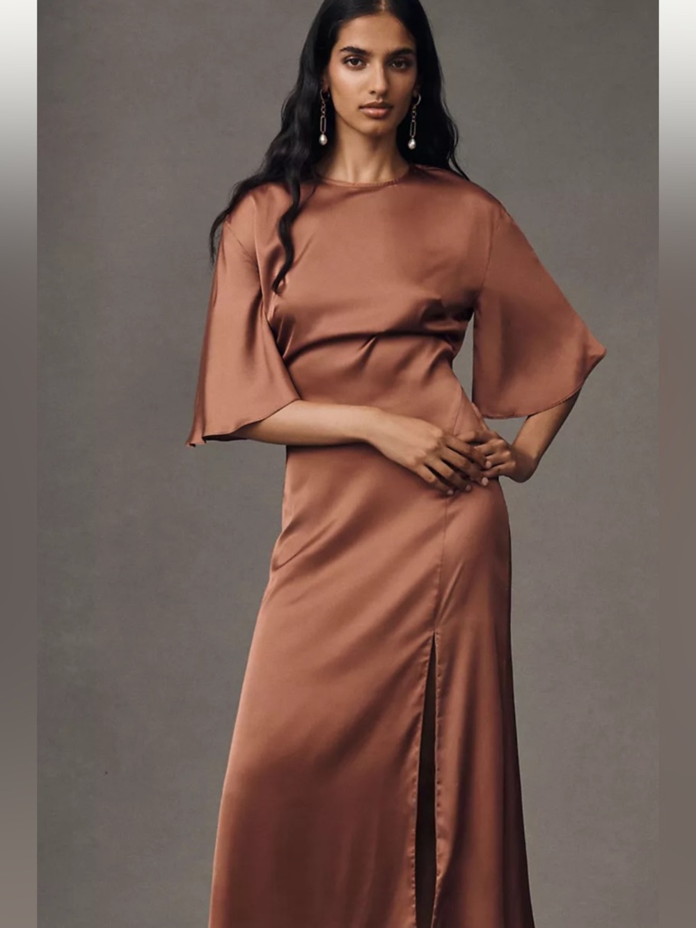 NWT BHLDN Satin Long-Sleeve Midi Dress in Copper Brown